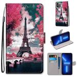 For iPhone 13 Pro Coloured Drawing Cross Texture Horizontal Flip PU Leather Case with Holder & Card Slots & Wallet & Lanyard (Pink Flower Tower Bridge)
