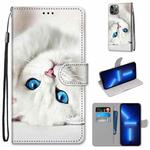 For iPhone 13 Pro Coloured Drawing Cross Texture Horizontal Flip PU Leather Case with Holder & Card Slots & Wallet & Lanyard (White Kitten)