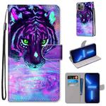 For iPhone 13 Pro Coloured Drawing Cross Texture Horizontal Flip PU Leather Case with Holder & Card Slots & Wallet & Lanyard (Tiger Drinking Water)