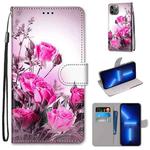 For iPhone 13 Pro Max Coloured Drawing Cross Texture Horizontal Flip PU Leather Case with Holder & Card Slots & Wallet & Lanyard (Wild Rose)
