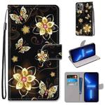 For iPhone 13 Pro Max Coloured Drawing Cross Texture Horizontal Flip PU Leather Case with Holder & Card Slots & Wallet & Lanyard (Gold Diamond Butterfly)