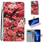 For iPhone 13 Pro Max Coloured Drawing Cross Texture Horizontal Flip PU Leather Case with Holder & Card Slots & Wallet & Lanyard (Pink Rose Garden)