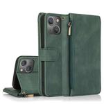 For iPhone 13 Skin-feel Crazy Horse Texture Zipper Wallet Bag Horizontal Flip Leather Case with Holder & Card Slots & Wallet & Lanyard(Dark Green)