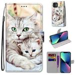 For iPhone 13 mini Coloured Drawing Cross Texture Horizontal Flip PU Leather Case with Holder & Card Slots & Wallet & Lanyard (Big Cat Holding Kitten)