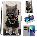 For iPhone 13 mini Coloured Drawing Cross Texture Horizontal Flip PU Leather Case with Holder & Card Slots & Wallet & Lanyard (B09 Golden Chain Grey Cat)