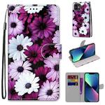 For iPhone 13 mini Coloured Drawing Cross Texture Horizontal Flip PU Leather Case with Holder & Card Slots & Wallet & Lanyard (Chrysanthemum Pink White Purple)