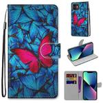 For iPhone 13 mini Coloured Drawing Cross Texture Horizontal Flip PU Leather Case with Holder & Card Slots & Wallet & Lanyard (Blue Red Butterfly)