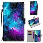 For iPhone 13 mini Coloured Drawing Cross Texture Horizontal Flip PU Leather Case with Holder & Card Slots & Wallet & Lanyard (Purple Green Starry Sky)