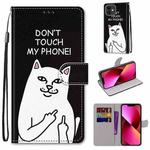 For iPhone 13 Coloured Drawing Cross Texture Horizontal Flip PU Leather Case with Holder & Card Slots & Wallet & Lanyard(Middle Finger White Cat)
