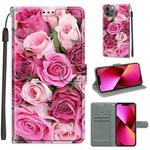 For iPhone 13 Voltage Colored Drawing Magnetic Clasp Horizontal Flip PU Leather Case with Holder & Card Slots(C17 Green Leaf Pink Rose)