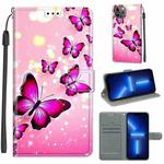 For iPhone 13 Pro Voltage Colored Drawing Magnetic Clasp Horizontal Flip PU Leather Case with Holder & Card Slots (C03 Gradient Pink Flying Butterflies)