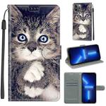 For iPhone 13 Pro Max Voltage Colored Drawing Magnetic Clasp Horizontal Flip PU Leather Case with Holder & Card Slots (C02 Fork Hand White Claw Cat)