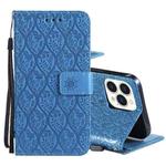 For iPhone 13 Pro Pressed Printing Rattan Flower Pattern Horizontal Flip PU Leather Case with Holder & Card Slots & Wallet & Photo Frame (Blue)