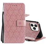 For iPhone 13 Pro Max Pressed Printing Rattan Flower Pattern Horizontal Flip PU Leather Case with Holder & Card Slots & Wallet & Photo Frame (Rose Gold)