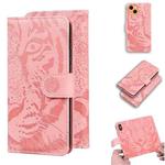 For iPhone 13 Tiger Embossing Pattern Horizontal Flip Leather Case with Holder & Card Slots & Wallet(Pink)