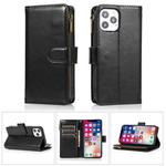 For iPhone 13 mini Multifunctional Crazy Horse Texture Horizontal Flip Leather Case with 9 Card Slot & Holder & Zipper Wallet & Lanyard (Black)