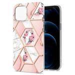 For iPhone 13 Electroplating Splicing Marble Flower Pattern TPU Shockproof Case(Pink Flower)