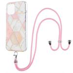 For iPhone 13 mini Electroplating Splicing Marble Pattern Dual-side IMD TPU Shockproof Case with Neck Lanyard (Pink White)