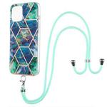 For iPhone 13 mini Electroplating Splicing Marble Pattern Dual-side IMD TPU Shockproof Case with Neck Lanyard (Blue Green)