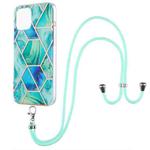 For iPhone 13 Electroplating Splicing Marble Pattern Dual-side IMD TPU Shockproof Case with Neck Lanyard(Green)