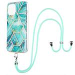 For iPhone 13 Pro Electroplating Splicing Marble Pattern Dual-side IMD TPU Shockproof Case with Neck Lanyard (Blue)