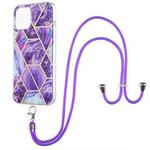 For iPhone 13 Pro Electroplating Splicing Marble Pattern Dual-side IMD TPU Shockproof Case with Neck Lanyard (Dark Purple)