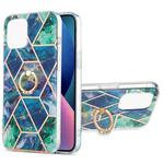 For iPhone 13 mini Electroplating Splicing Marble Pattern Dual-side IMD TPU Shockproof Case with Ring Holder (Blue Green)
