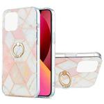 For iPhone 13 Electroplating Splicing Marble Pattern Dual-side IMD TPU Shockproof Case with Ring Holder(Pink White)