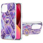 For iPhone 13 Electroplating Splicing Marble Pattern Dual-side IMD TPU Shockproof Case with Ring Holder(Dark Purple)