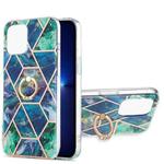 For iPhone 13 Pro Electroplating Splicing Marble Pattern Dual-side IMD TPU Shockproof Case with Ring Holder (Blue Green)