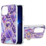 For iPhone 13 Pro Electroplating Splicing Marble Pattern Dual-side IMD TPU Shockproof Case with Ring Holder (Dark Purple)