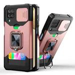 For Samsung Galaxy A12 Sliding Camera Cover Design PC + TPU Shockproof Case with Ring Holder & Card Slot(Rose Gold)