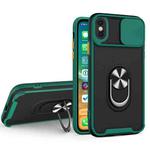 For iPhone X / XS Sliding Camera Cover Design TPU + PC Magnetic Shockproof Case with Ring Holder(Deep Green)