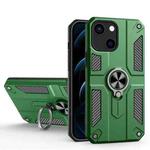 Carbon Fiber Pattern PC + TPU Protective Case with Ring Holder For iPhone 13(Dark Green)