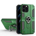 For iPhone 13 Pro Max Carbon Fiber Pattern PC + TPU Protective Case with Ring Holder (Dark Green)