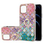 For iPhone 13 Pro Electroplating Pattern IMD TPU Shockproof Case with Rhinestone Ring Holder (Colorful Scales)