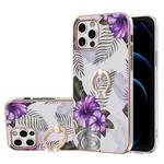 For iPhone 12 Pro Max Electroplating Pattern IMD TPU Shockproof Case with Rhinestone Ring Holder(Purple Flower)
