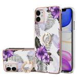 For iPhone 11 Electroplating Pattern IMD TPU Shockproof Case with Rhinestone Ring Holder (Purple Flower)