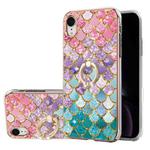 For iPhone XR Electroplating Pattern IMD TPU Shockproof Case with Rhinestone Ring Holder(Colorful Scales)