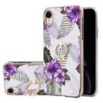 For iPhone XR Electroplating Pattern IMD TPU Shockproof Case with Rhinestone Ring Holder(Purple Flower)