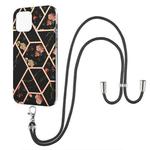 For iPhone 13 mini Electroplating Splicing Marble Flower Pattern TPU Shockproof Case with Lanyard (Black Flower)