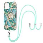 For iPhone 13 Electroplating Splicing Marble Flower Pattern TPU Shockproof Case with Lanyard(Blue Flower)