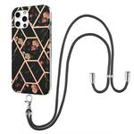 For iPhone 12 / 12 Pro Electroplating Splicing Marble Flower Pattern TPU Shockproof Case with Lanyard(Black Flower)