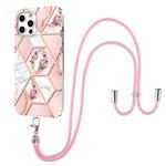 For iPhone 12 Pro Max Electroplating Splicing Marble Flower Pattern TPU Shockproof Case with Lanyard(Pink Flower)