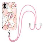 For iPhone 11 Electroplating Splicing Marble Flower Pattern TPU Shockproof Case with Lanyard (Pink Flower)