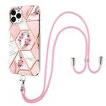 For iPhone 11 Pro Electroplating Splicing Marble Flower Pattern TPU Shockproof Case with Lanyard (Pink Flower)