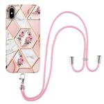 For iPhone X / XS Electroplating Splicing Marble Flower Pattern TPU Shockproof Case with Lanyard(Pink Flower)