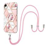 For iPhone XR Electroplating Splicing Marble Flower Pattern TPU Shockproof Case with Lanyard(Pink Flower)