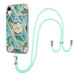 For iPhone XR Electroplating Splicing Marble Flower Pattern TPU Shockproof Case with Lanyard(Blue Flower)