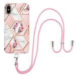 For iPhone XS Max Electroplating Splicing Marble Flower Pattern TPU Shockproof Case with Lanyard(Pink Flower)